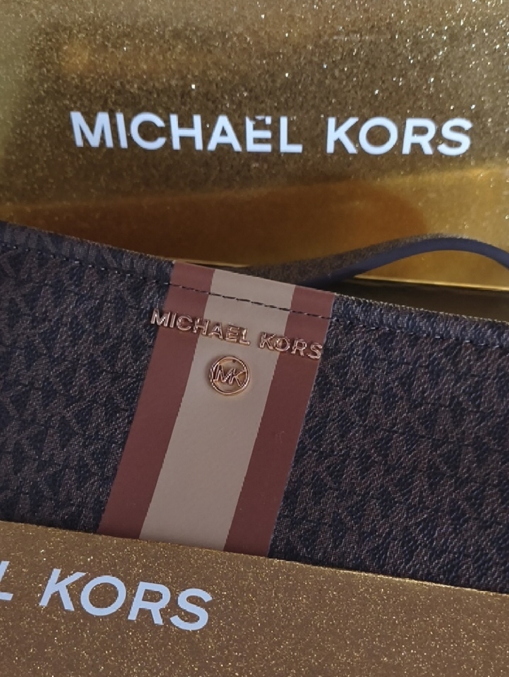 Michael Kors Brown and Tan Monogram Stripe Wristlet - Picture 2 of 3